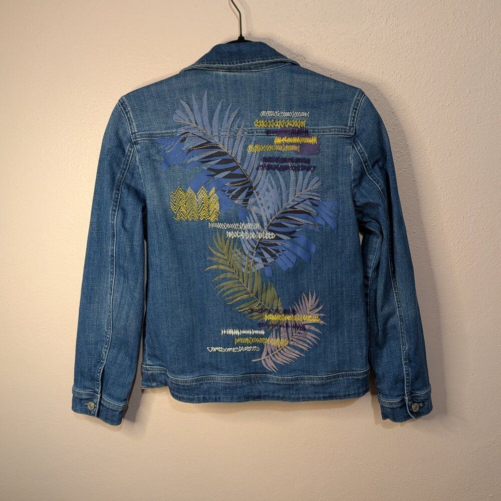 Chico's Tropical Embroidered Denim Jacket Small Blue Floral Boho Jean Coat - Picture 8 of 14